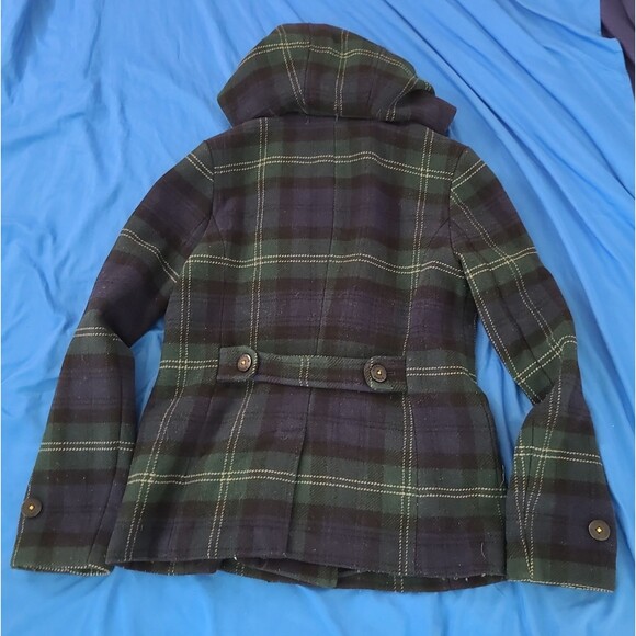 American Eagle Wool Pea Coat Womens Medium Green Blue Plaid Button Pockets *READ - Picture 2 of 10